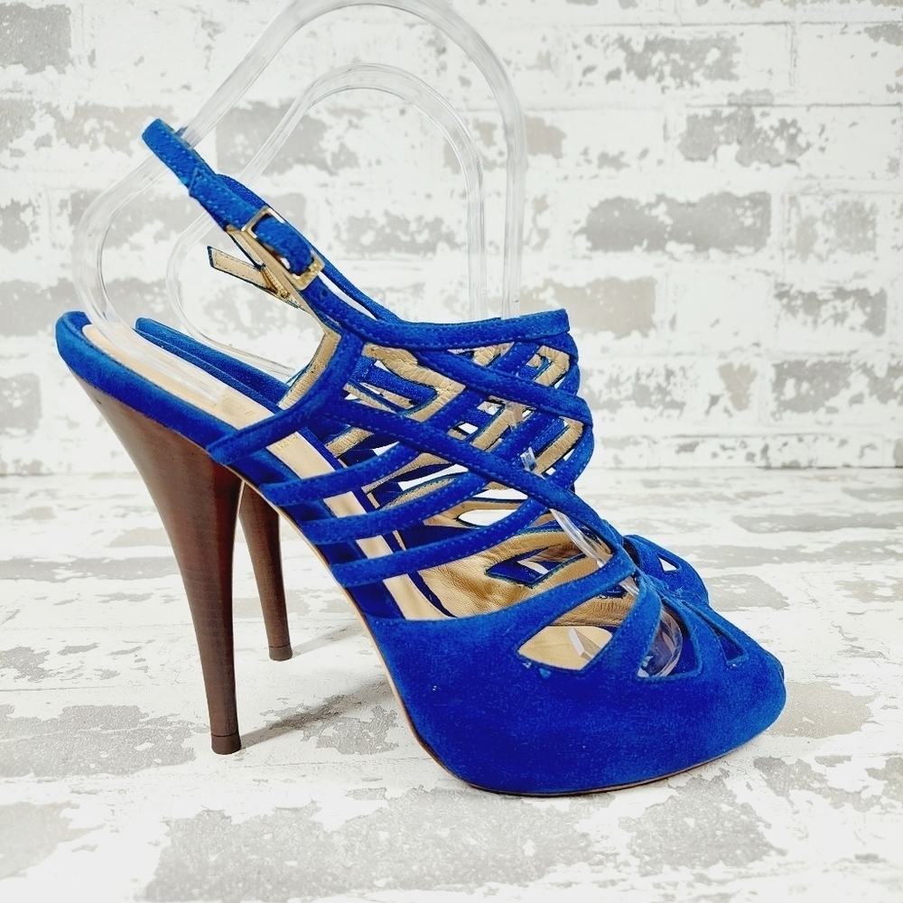 Fendi Royal Blue Suede Cut-Out Cage Sling-Back Peep-Toe Pumps O89 - Picture 5 of 14